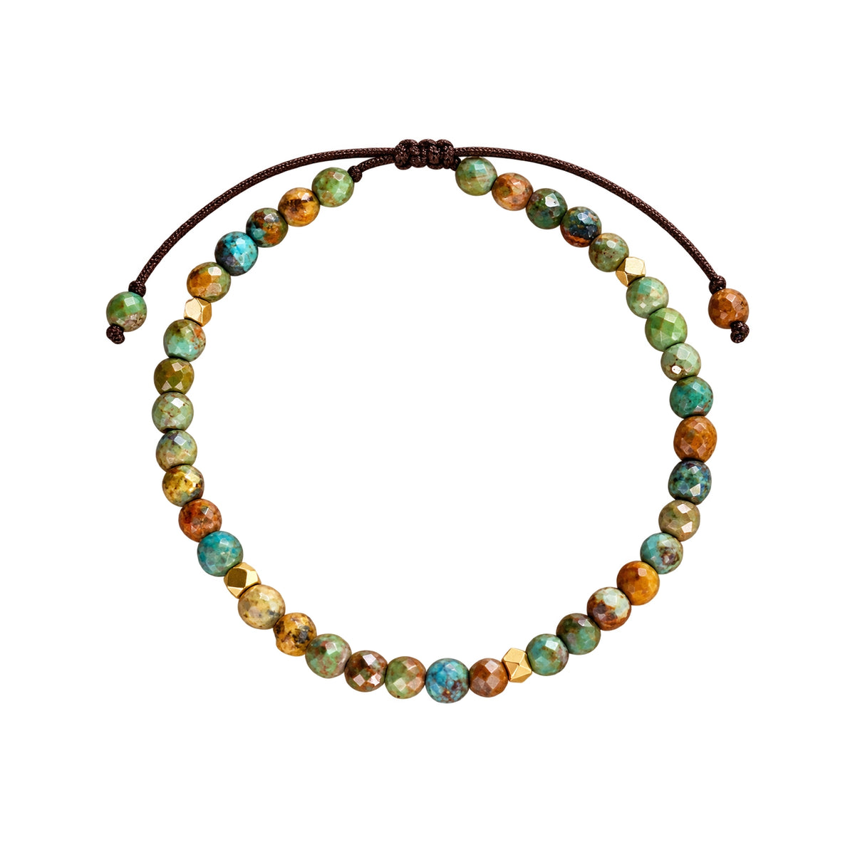 Adjustable African turquoise bracelet with faceted green, blue and brown stone beads, gold-tone accents and brown braided cord
