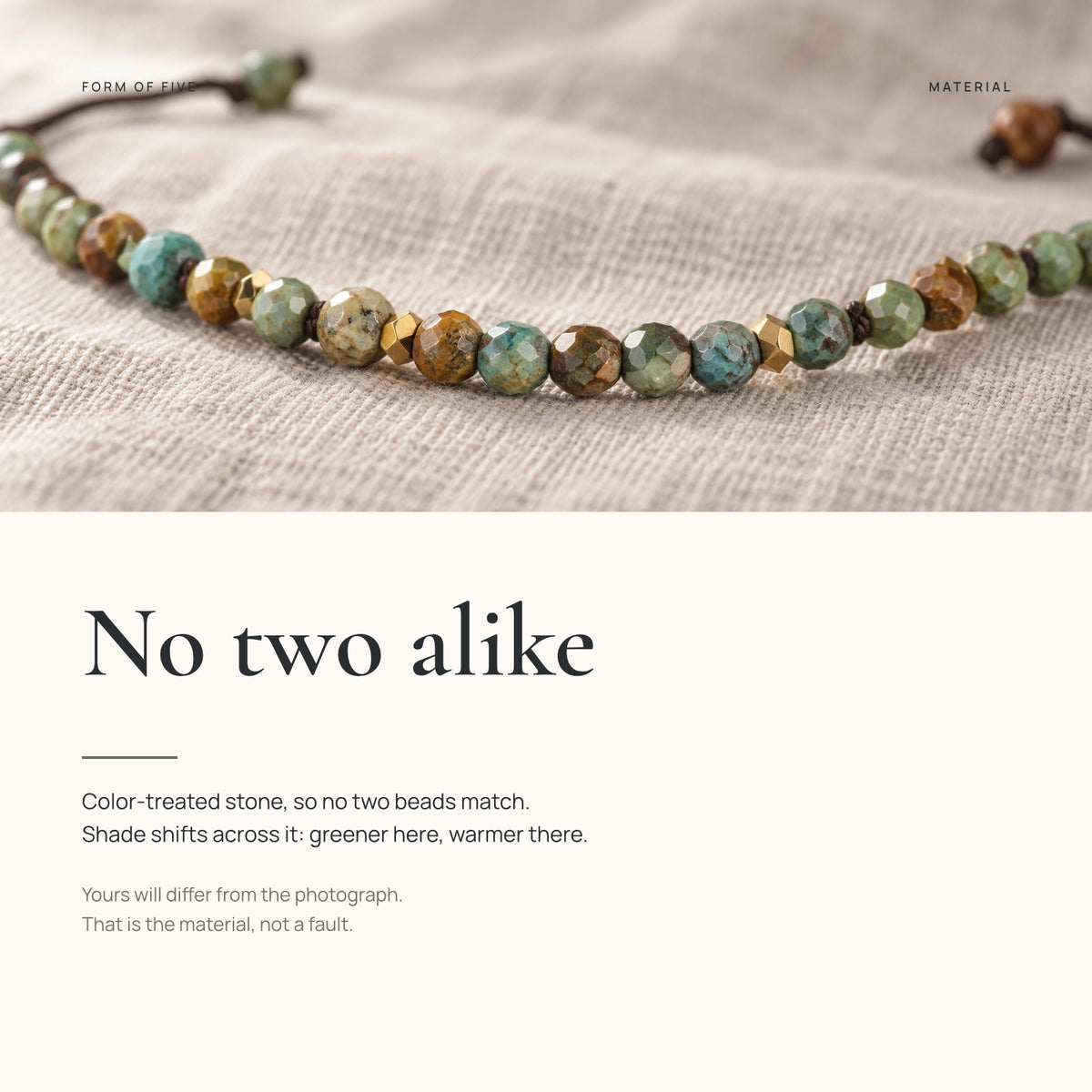 Close-up of color-treated African turquoise beads in varied green, blue and warm brown tones with gold-tone geometric accents