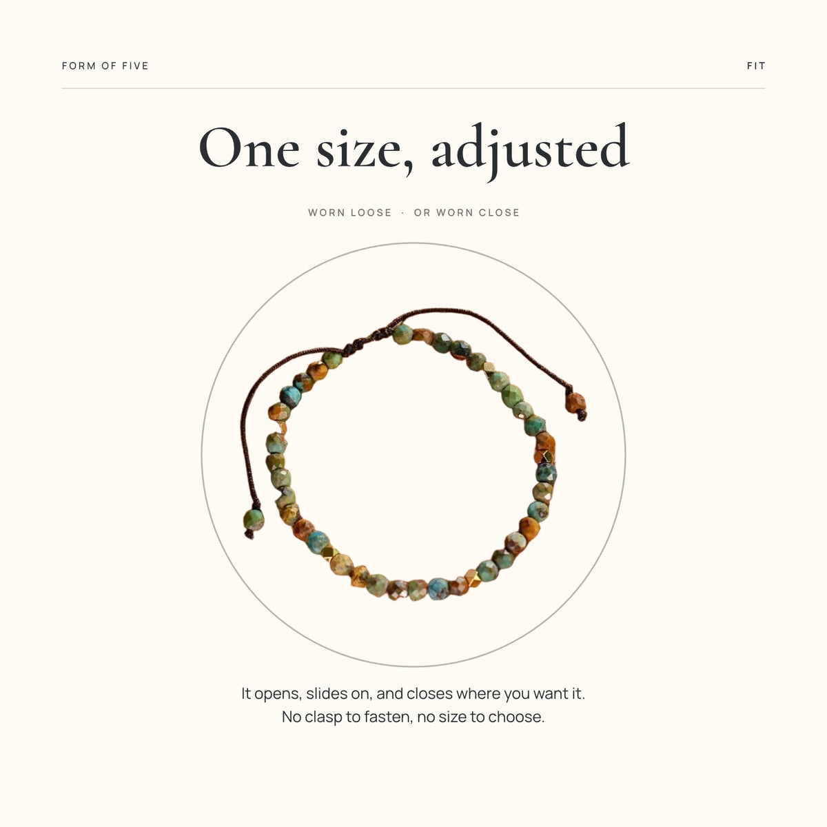 One-size adjustable African turquoise bracelet with sliding braided closure, shown open for easy fit