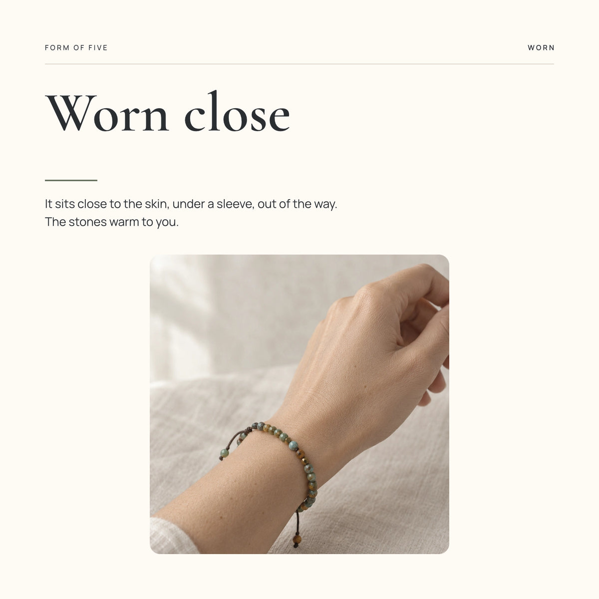 African turquoise bracelet worn close on the wrist, showing its low-profile faceted stone beads and adjustable braided cord