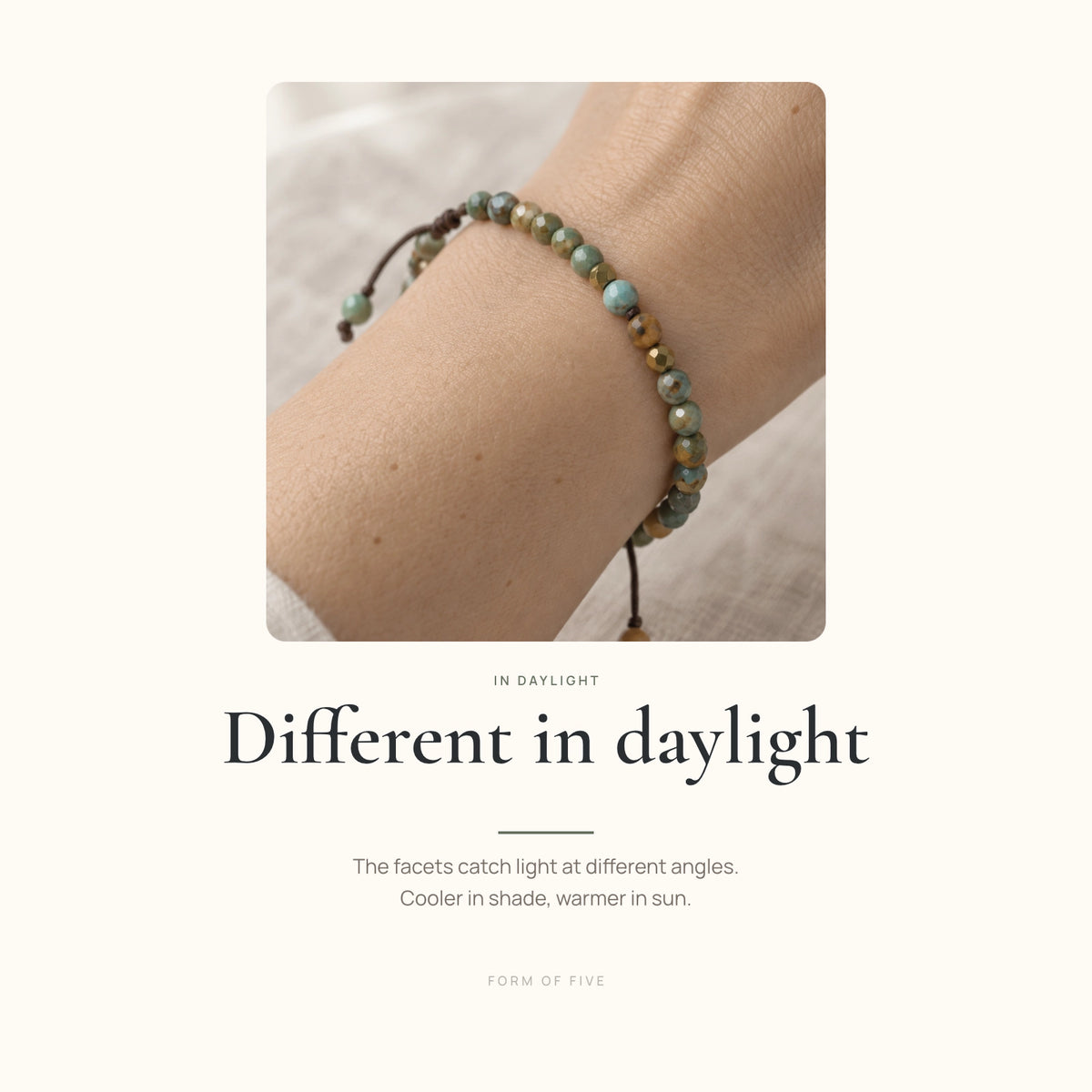 African turquoise bracelet in daylight, showing faceted beads that appear cooler in shade and warmer in sunlight