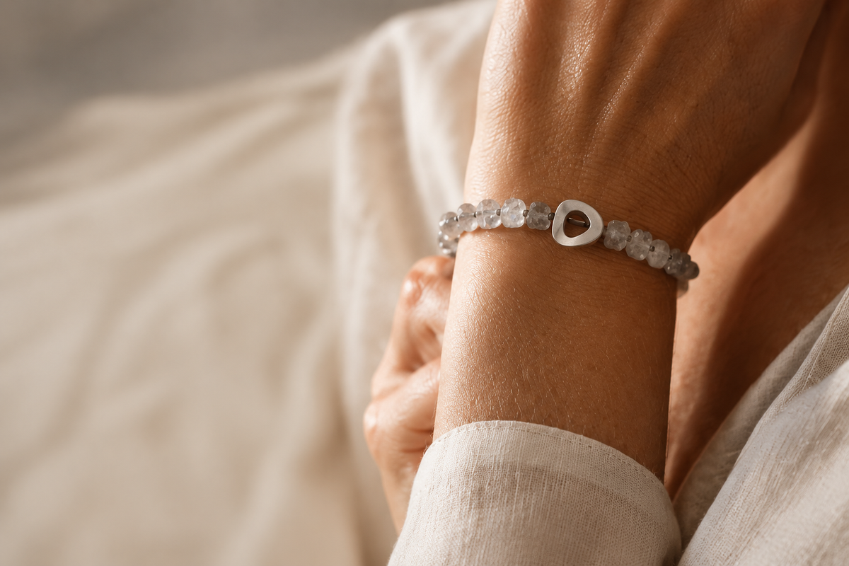 FORM OF FIVE crystal bracelet worn in warm natural light